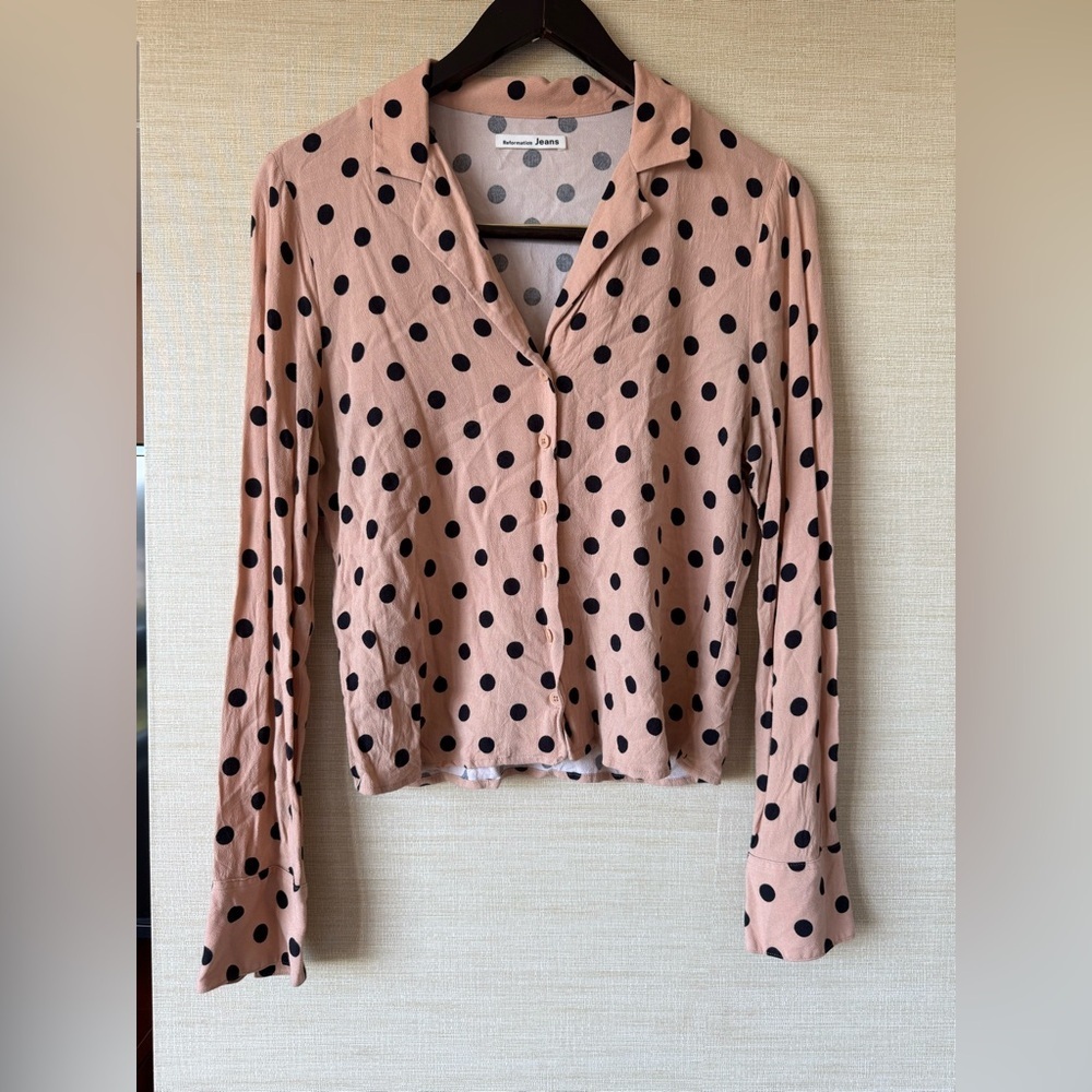 Reformation Polka Dot Button-Up Blouse Cropped Long Sleeve Size Small Pink Black